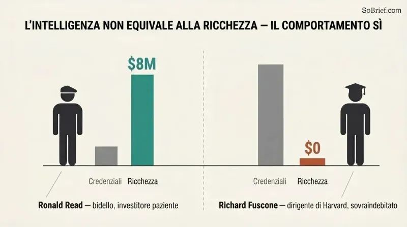 Split panel comparing a low-credential janitor who built millions against a high-credential executive who went bankrupt, showing inverted credential and wealth bars.