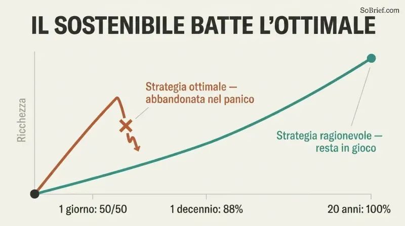 A wealth-over-time chart where an optimal strategy climbs fast but breaks off in panic, while a reasonable strategy continues steadily and ends higher.