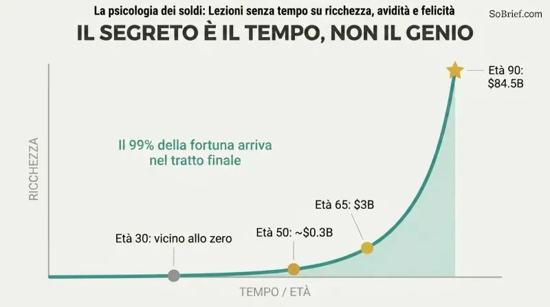 An exponential wealth curve stays nearly flat for decades then erupts upward late in life, showing most of Buffett's fortune arrived after age 65.