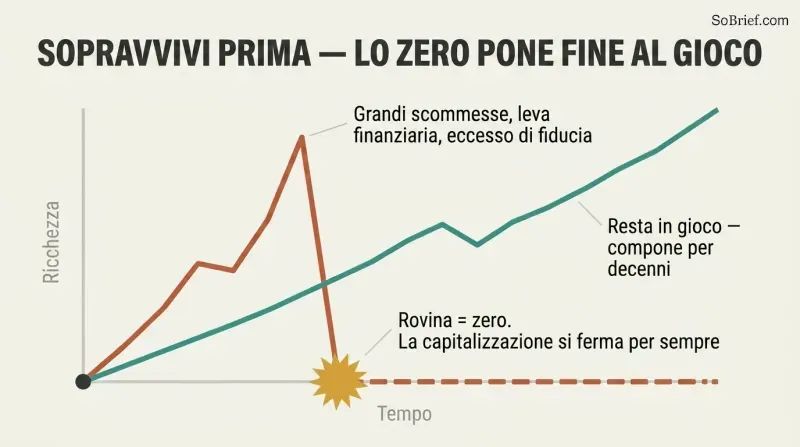 Line chart where a risky path spikes high then crashes to zero and flatlines, while a steady survivor path keeps compounding upward. End with a period.