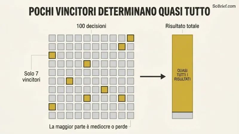 A grid of one hundred squares with only seven gold ones, linked by an arrow to a tall bar almost entirely filled gold, showing how a tiny fraction produces nearly all results.