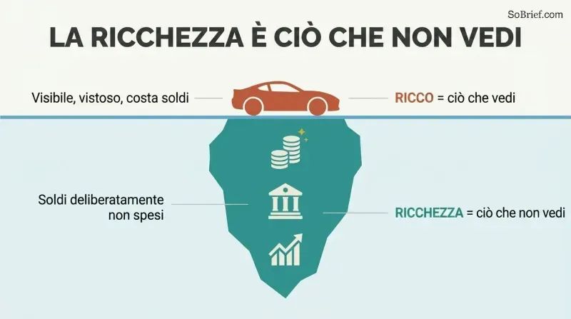 Iceberg diagram showing a small visible car above the waterline as "rich" and a large hidden mass of saved assets below as "wealth."