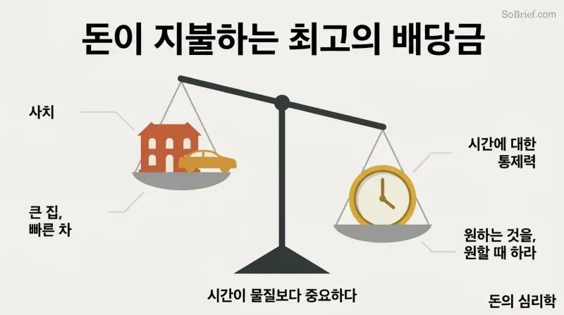 A balance scale tilts toward a gold clock representing control over time, outweighing a mansion and car representing luxury.