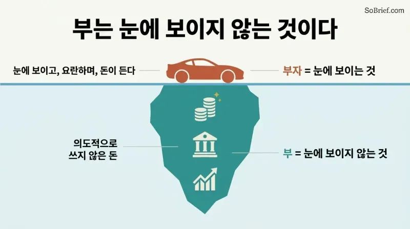 Iceberg diagram showing a small visible car above the waterline as "rich" and a large hidden mass of saved assets below as "wealth."