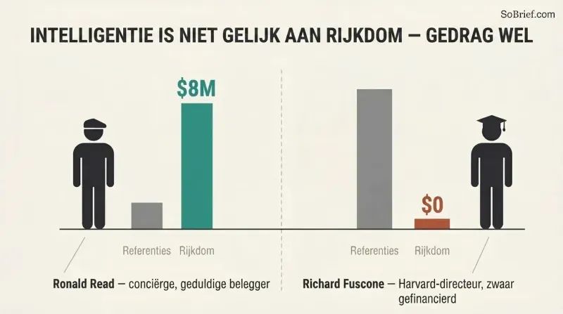 Split panel comparing a low-credential janitor who built millions against a high-credential executive who went bankrupt, showing inverted credential and wealth bars.