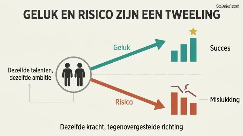 Two identical figures share one starting point, then diverge along mirror-image arrows—one rising to success, one falling to failure—from the same force.