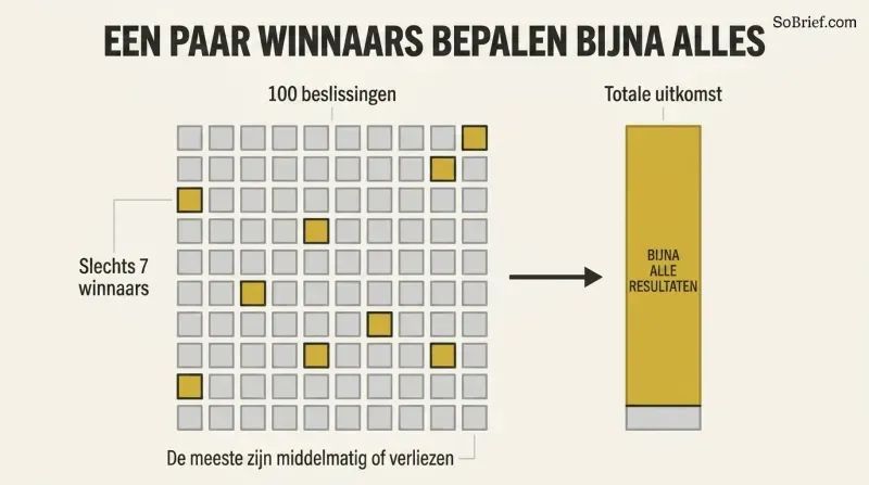 A grid of one hundred squares with only seven gold ones, linked by an arrow to a tall bar almost entirely filled gold, showing how a tiny fraction produces nearly all results.