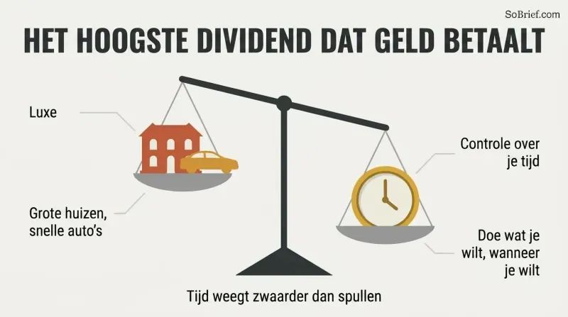 A balance scale tilts toward a gold clock representing control over time, outweighing a mansion and car representing luxury.
