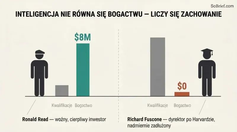 Split panel comparing a low-credential janitor who built millions against a high-credential executive who went bankrupt, showing inverted credential and wealth bars.