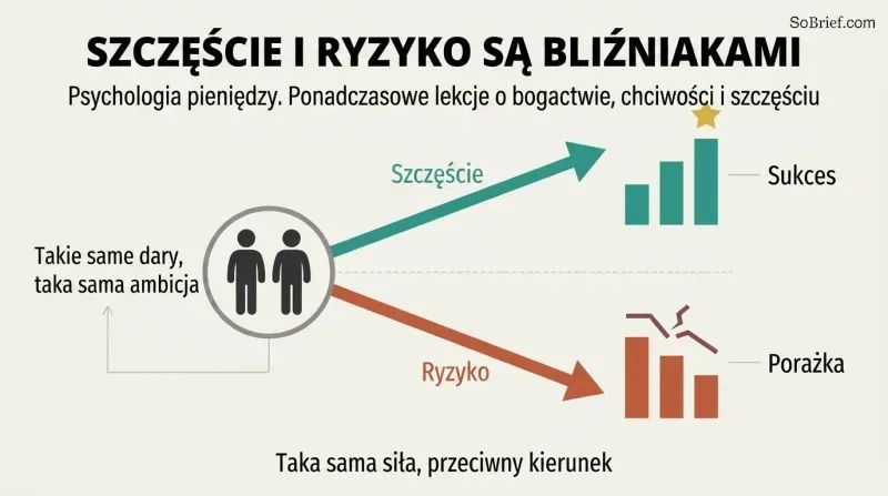 Two identical figures share one starting point, then diverge along mirror-image arrows—one rising to success, one falling to failure—from the same force.