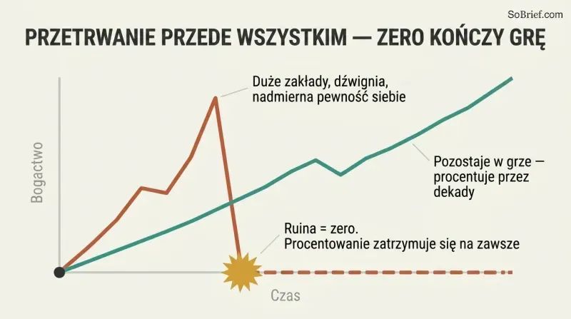 Line chart where a risky path spikes high then crashes to zero and flatlines, while a steady survivor path keeps compounding upward. End with a period.