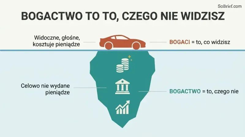 Iceberg diagram showing a small visible car above the waterline as "rich" and a large hidden mass of saved assets below as "wealth."