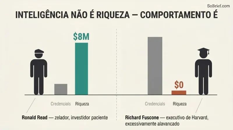 Split panel comparing a low-credential janitor who built millions against a high-credential executive who went bankrupt, showing inverted credential and wealth bars.