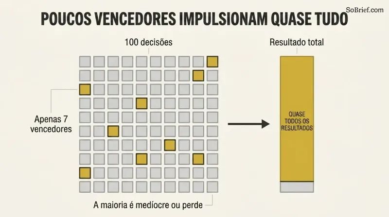 A grid of one hundred squares with only seven gold ones, linked by an arrow to a tall bar almost entirely filled gold, showing how a tiny fraction produces nearly all results.