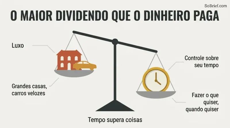 A balance scale tilts toward a gold clock representing control over time, outweighing a mansion and car representing luxury.
