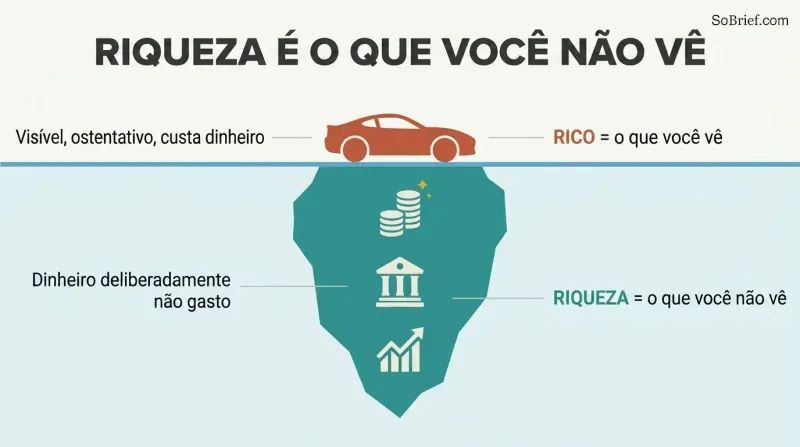 Iceberg diagram showing a small visible car above the waterline as "rich" and a large hidden mass of saved assets below as "wealth."