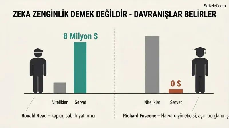 Split panel comparing a low-credential janitor who built millions against a high-credential executive who went bankrupt, showing inverted credential and wealth bars.