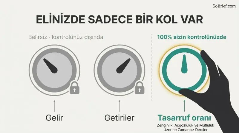 Three wealth dials compared side by side, where income and returns are locked and gray while savings rate is teal and turned by a hand.