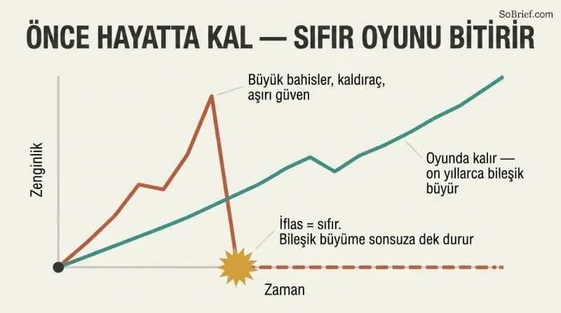 Line chart where a risky path spikes high then crashes to zero and flatlines, while a steady survivor path keeps compounding upward. End with a period.