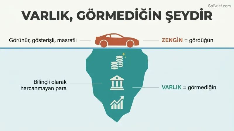 Iceberg diagram showing a small visible car above the waterline as "rich" and a large hidden mass of saved assets below as "wealth."
