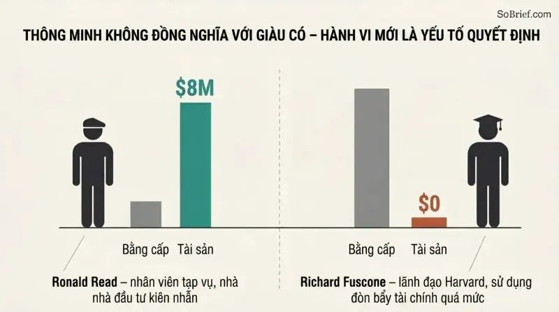 Split panel comparing a low-credential janitor who built millions against a high-credential executive who went bankrupt, showing inverted credential and wealth bars.