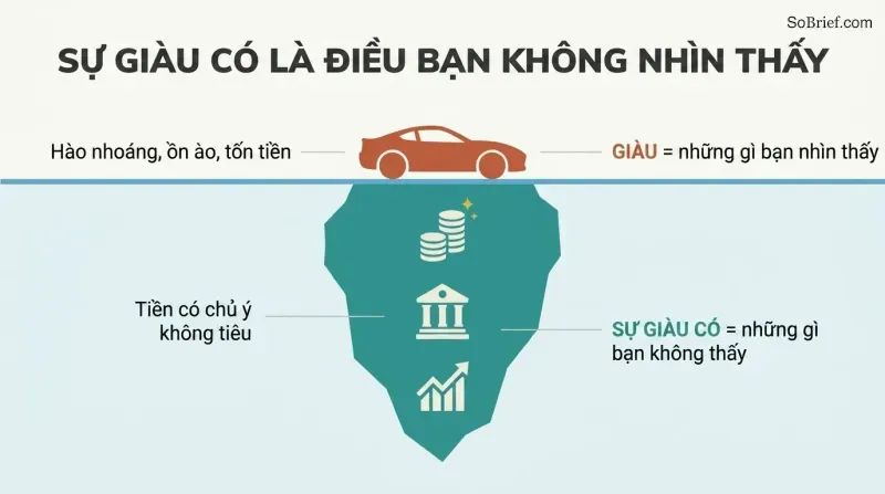 Iceberg diagram showing a small visible car above the waterline as "rich" and a large hidden mass of saved assets below as "wealth."