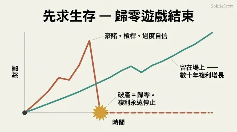 Line chart where a risky path spikes high then crashes to zero and flatlines, while a steady survivor path keeps compounding upward. End with a period.