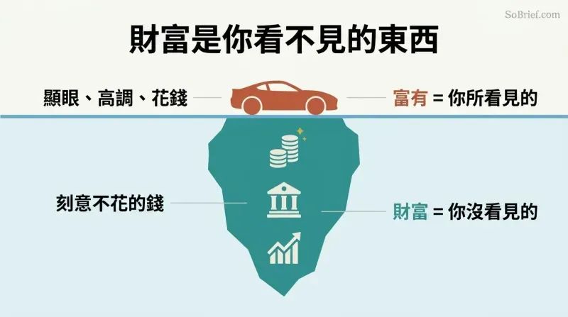 Iceberg diagram showing a small visible car above the waterline as "rich" and a large hidden mass of saved assets below as "wealth."