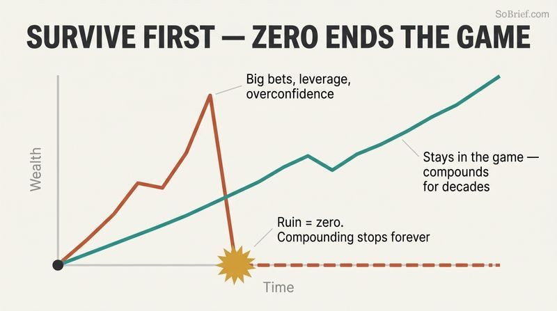 Line chart where a risky path spikes high then crashes to zero and flatlines, while a steady survivor path keeps compounding upward. End with a period.