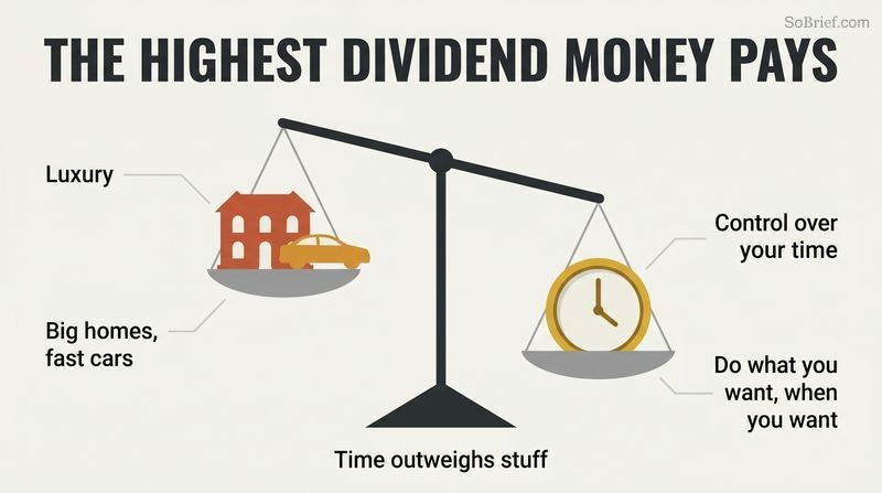 A balance scale tilts toward a gold clock representing control over time, outweighing a mansion and car representing luxury.