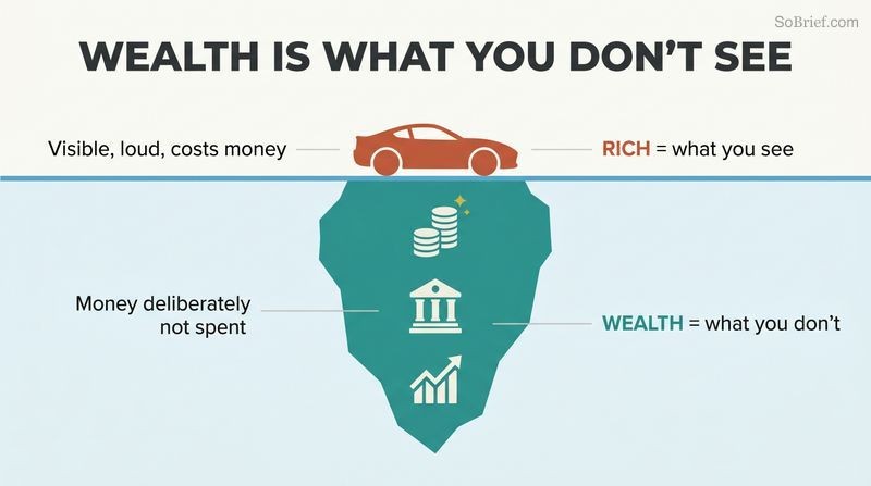 Iceberg diagram showing a small visible car above the waterline as "rich" and a large hidden mass of saved assets below as "wealth."