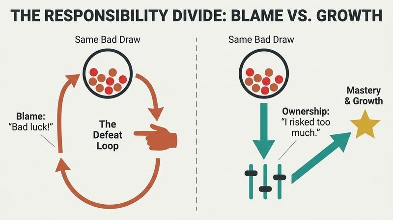 Split panel comparison showing how blaming external luck loops back into repeated losses, while taking personal responsibility creates an upward path to trading mastery.