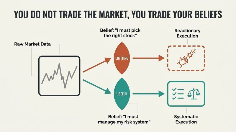 Split-flow diagram showing how raw market data is filtered by either limiting beliefs leading to chasing stock tips, or useful beliefs leading to disciplined execution.