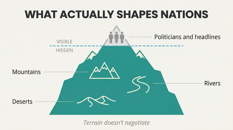 Iceberg diagram showing politicians and headlines as a small visible tip above water, with massive mountains, rivers, and terrain forming the hidden foundation below.