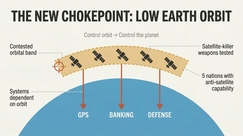 Cross-section showing a thin contested orbital band hovering above a large Earth arc, with satellites in the band and dependency lines flowing down to the surface below.
