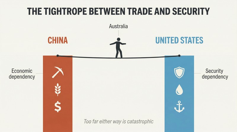 A small figure representing Australia balances on a taut rope stretched between two tall pillars labeled China and United States, with trade icons on the left and defense icons on the right.