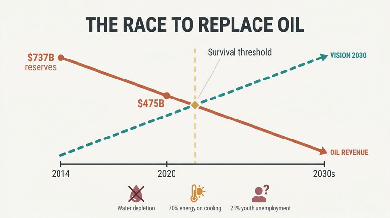 Two crossing trend lines showing oil reserves declining while diversification must rise, intersecting at a critical 2030 threshold surrounded by structural challenge icons.
