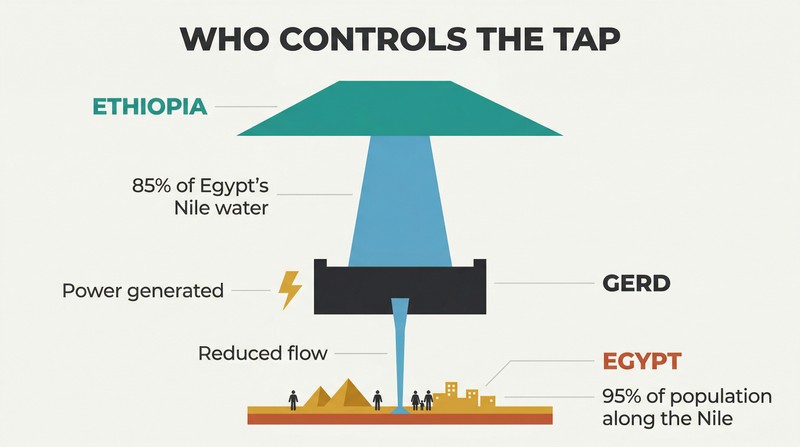 Vertical flow diagram showing the Blue Nile descending from Ethiopian highlands through the GERD dam chokepoint, with a wide flow above and a narrow trickle reaching Egypt below.