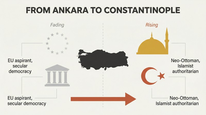 Split panel showing Turkey's map silhouette at center, with fading Western symbols on the left and bold Ottoman symbols on the right, and an arrow pointing rightward showing the identity shift.