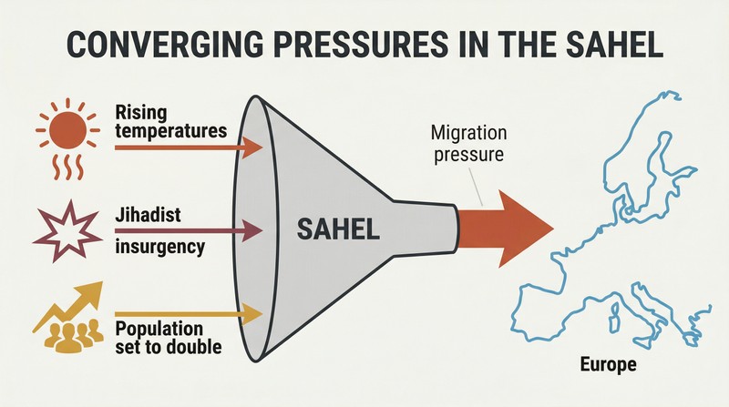 Funnel diagram showing climate change, insurgency, and population growth converging on the Sahel, producing a large migration-pressure arrow toward Europe.