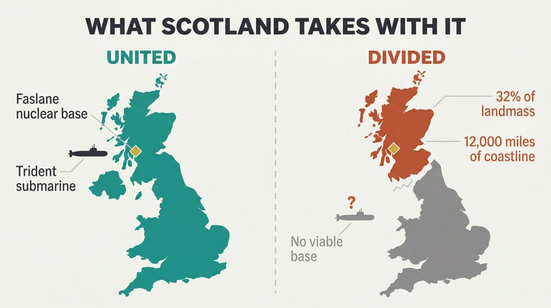 Split panel showing unified Britain with its nuclear base versus a fragmented island where Scotland's departure removes the submarine facility and key coastline.