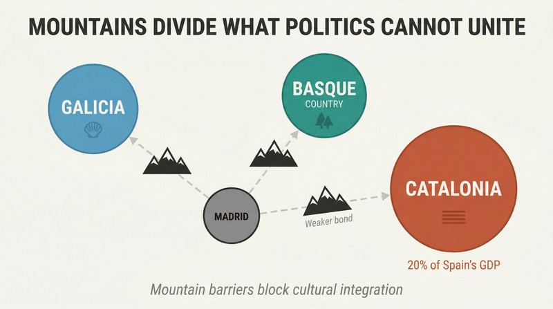 Hub-and-spoke diagram with Madrid at center and three Spanish regions at the periphery, mountain barriers interrupting each connection line.