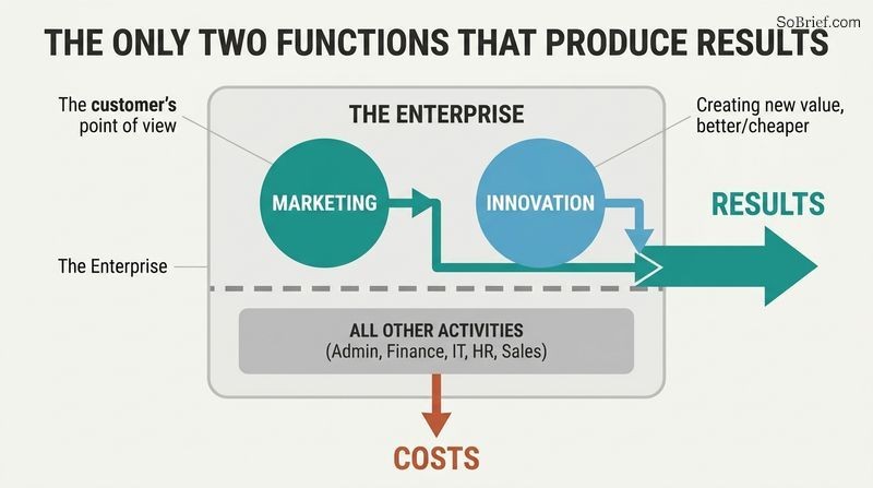 Block diagram of an enterprise showing Marketing and Innovation as the only two engines pointing outward to Results, while support activities point downward to Costs.