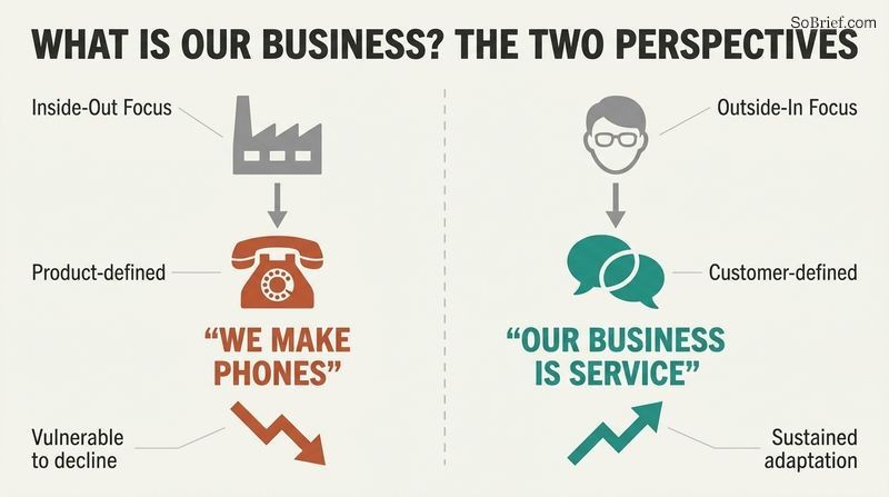 Split panel infographic showing that defining a business inside-out by its product leads to decline, while defining it outside-in through the customer's eyes leads to long-term adaptation.