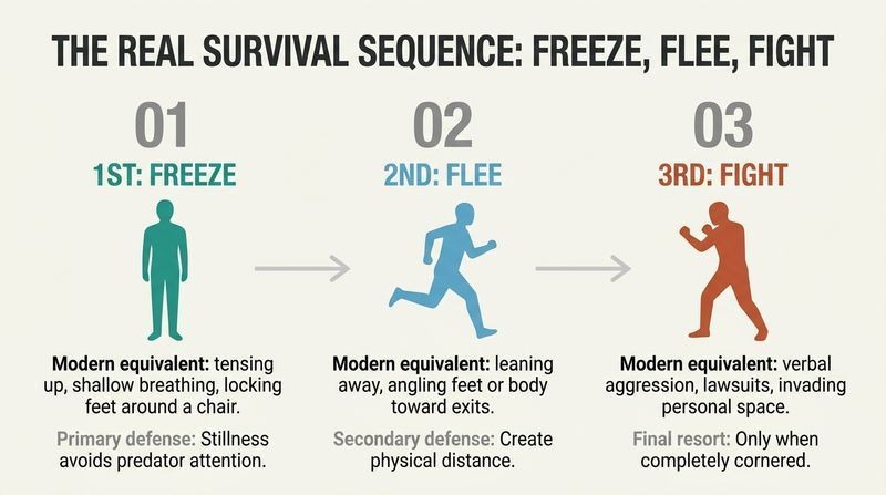 Three-step sequential diagram displaying the limbic survival response chain to a threat, moving left-to-right from Freeze, to Flee, and finally to Fight.