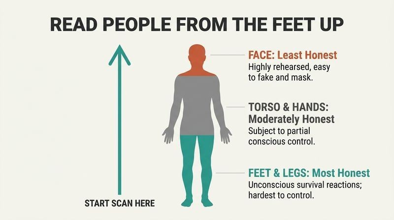 Diagram of a standing human silhouette showing that honesty levels increase from head to toe, with an arrow indicating a bottom-up scanning direction.