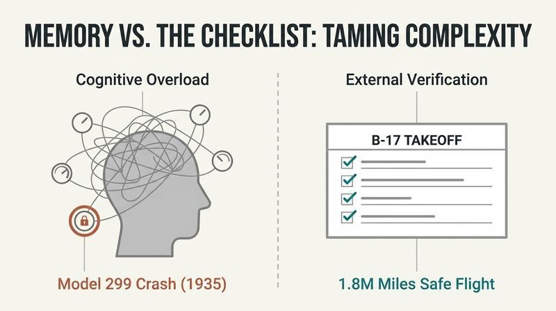 Split panel diagram comparing a pilot overwhelmed by complex dials representing cognitive memory failure, versus a clean index card checklist showing step-by-step verification for safe flight.