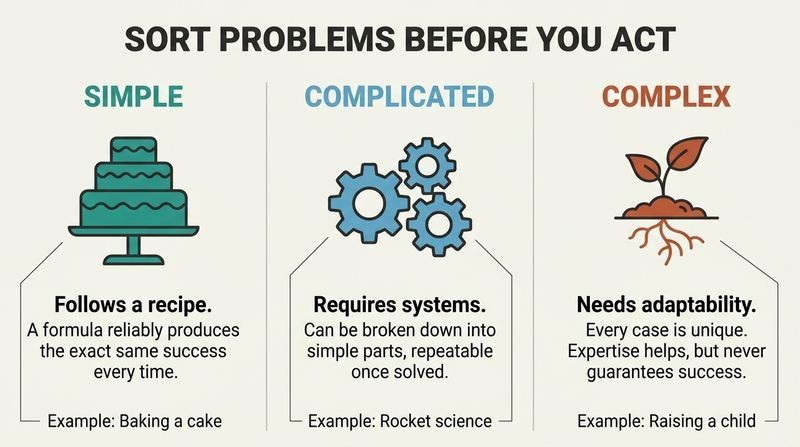 Three-column comparative diagram categorizing problems into simple, complicated, and complex, with visual metaphors for each.