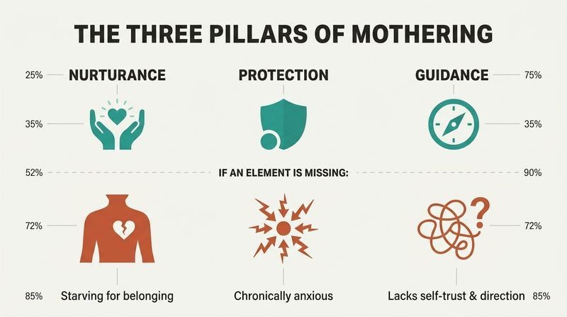 A three-column grid comparing the healthy maternal pillars of nurturance, protection, and guidance against the psychological signatures of their absence.