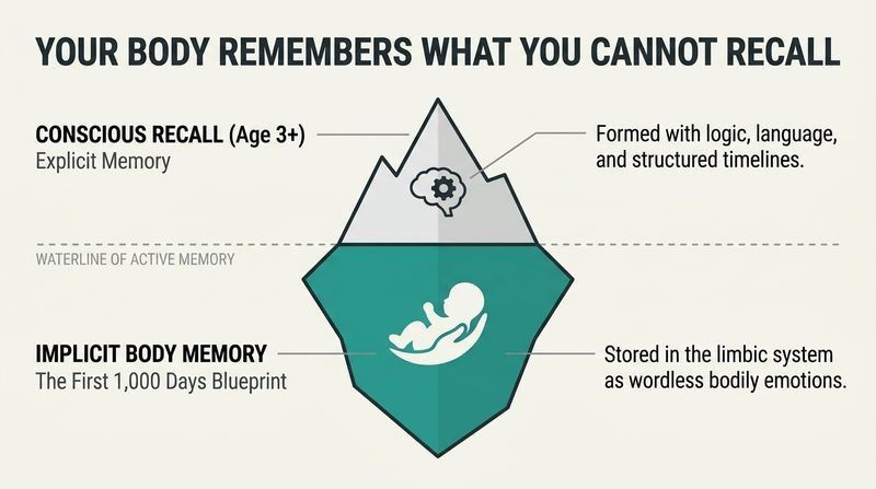 Iceberg diagram depicting conscious recall as a small surface tip and implicit bodily memory as a massive submerged foundation.